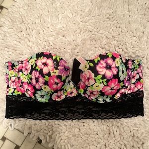 PINK VICTORIA SECRET FLORAL & LACE STRAPLESS BRA